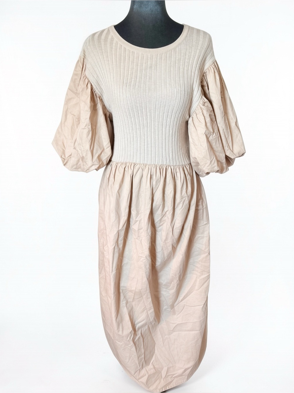Sofie the Label Mixed Media Ribbed Knit Puff Sleeve Midi Dress Tan Beige Cream